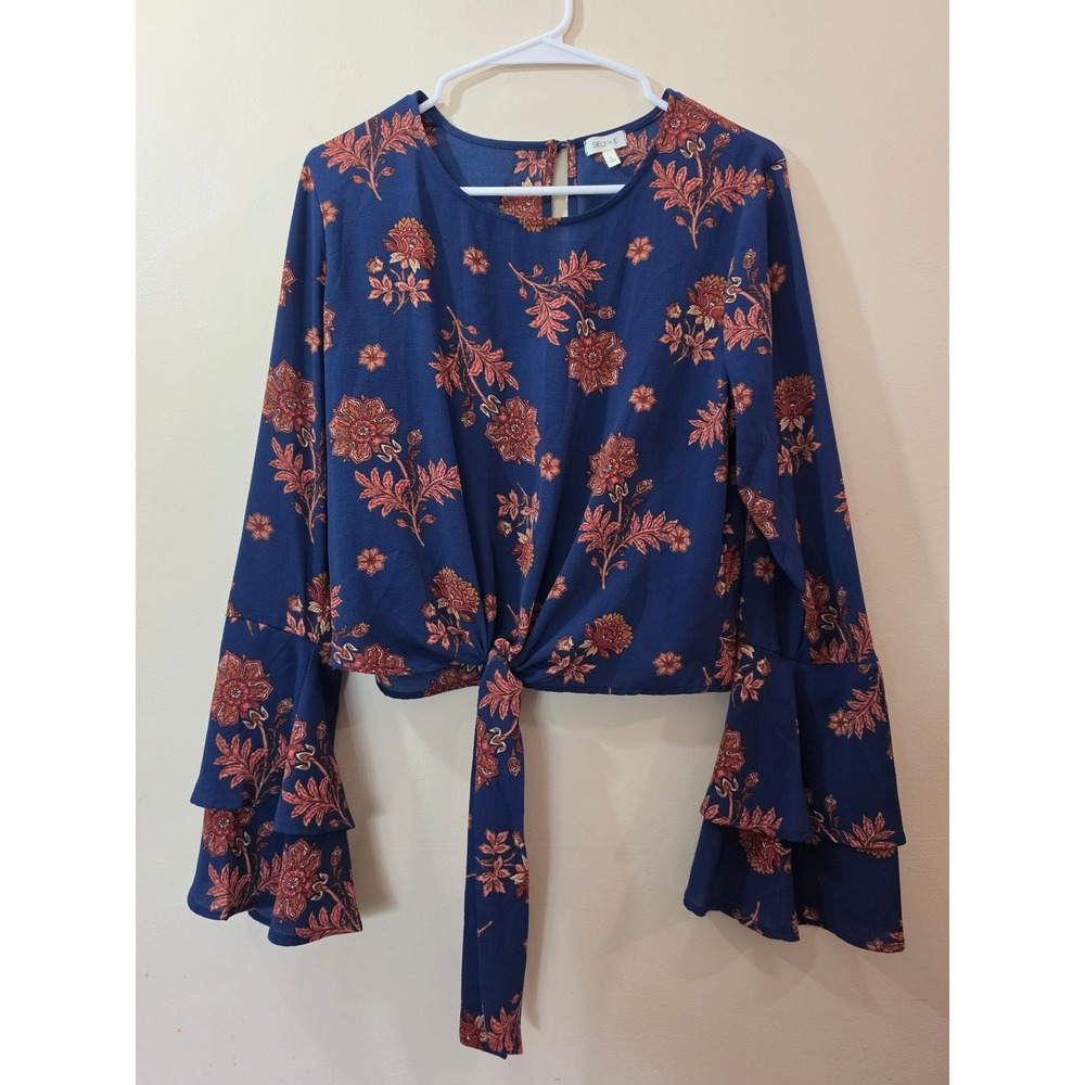 Selfie Blue Floral Tiered Bell Sleeve‎ Front Tie Blouse Top Large Boho RN96741